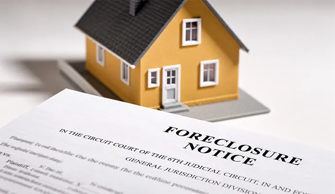 House and foreclosure notice representing property sold before completing repairs