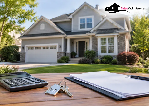 Out-of-state homeowner reviewing Louisville house sale remotely on laptop with luggage nearby