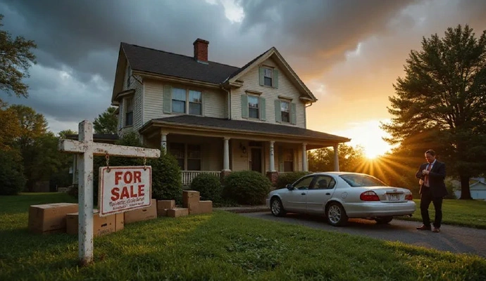 Inherited house for sale in Louisville KY with moving boxes, parked car, and homeowner outside
