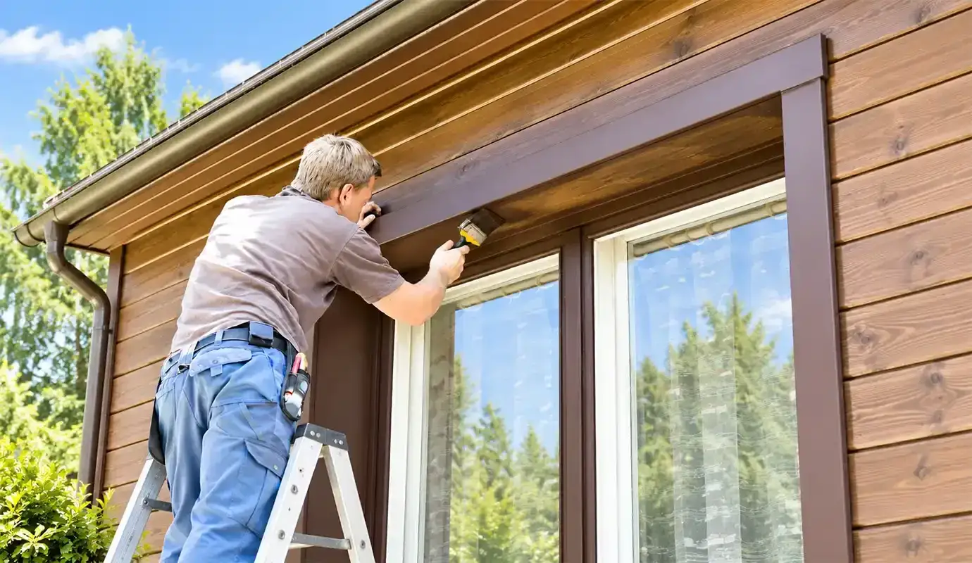 Homeowner repairing exterior trim before selling Louisville KY house as-is before foreclosure