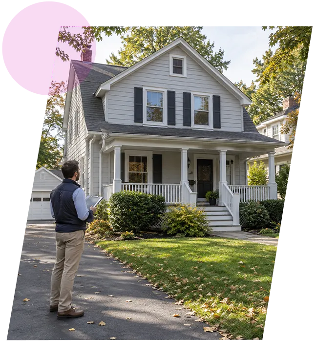 Home evaluator with a tablet looking up at a two-story residential house in Albany, IN.