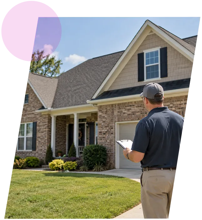 Property evaluator holding a clipboard while assessing a brick suburban home in Clarksville, Indiana.