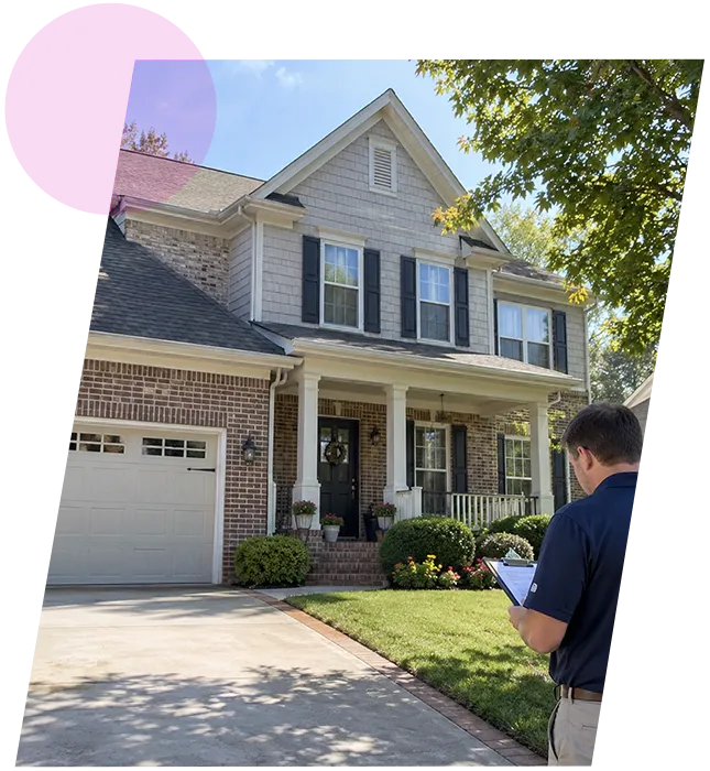 Property inspector writing on a clipboard while evaluating a suburban house in Crestwood, KY.