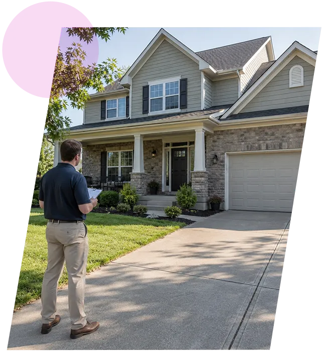 Property inspector holding a clipboard while standing on a driveway facing a two-story home in Jeffersonville, IN.