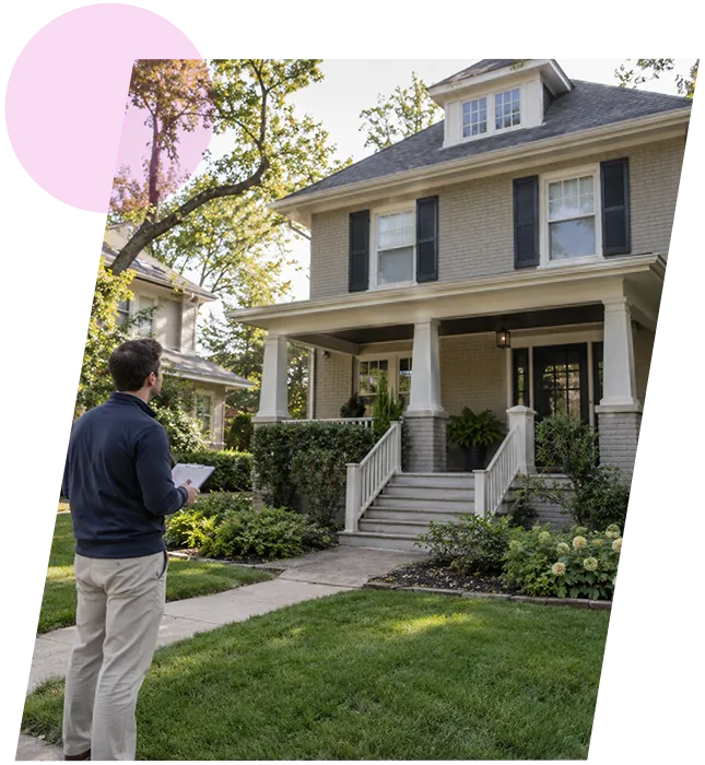 Home evaluator holding a clipboard and looking at a two-story painted brick home in La Grange, Kentucky.