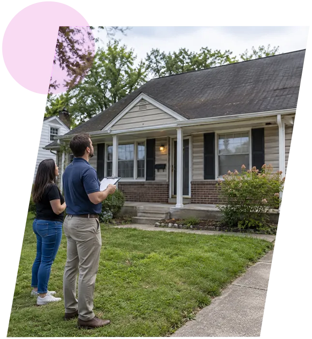 Real estate specialist with clipboard evaluating a one-story brick house alongside a Mount Washington homeowner.