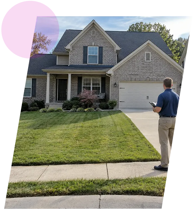 Real estate evaluator standing on the driveway outside a Shepherdsville brick home holding a clipboard.