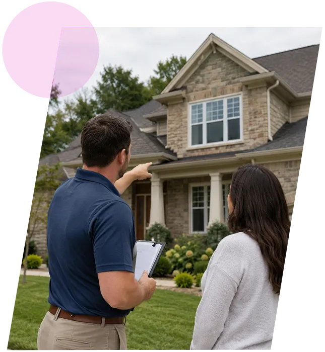 Real estate evaluator pointing toward a two-story stone house while speaking with a property owner in St. Matthews, KY.