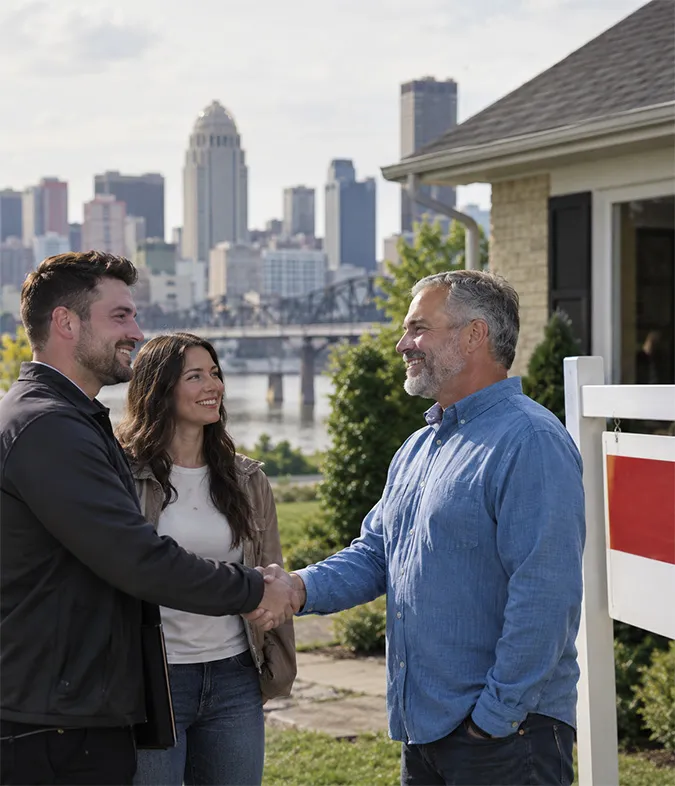 Local Louisville cash home buyer shaking hands with homeowners near house overlooking city skyline