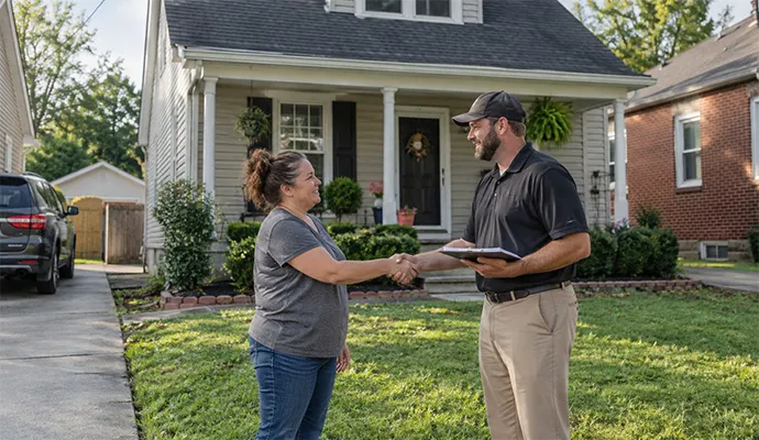 Louisville homeowner discussing direct cash sale with local home buyer