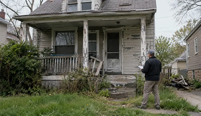 Man inspecting deteriorated Louisville house with possible property code violations