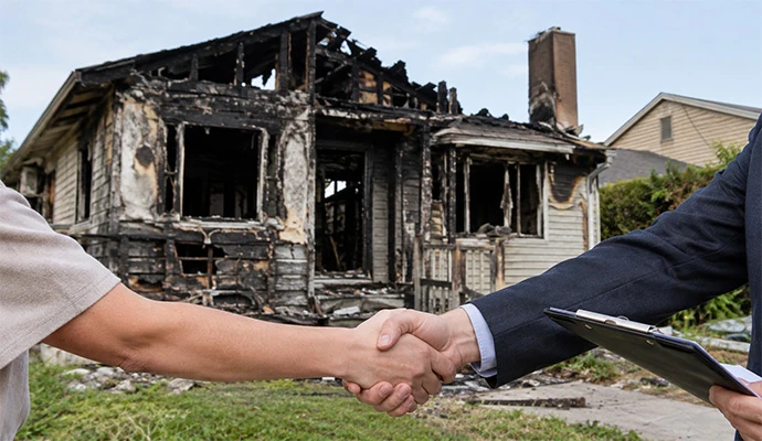 Fire-damaged Louisville KY house with severe structural damage as homeowner and buyer shake hands