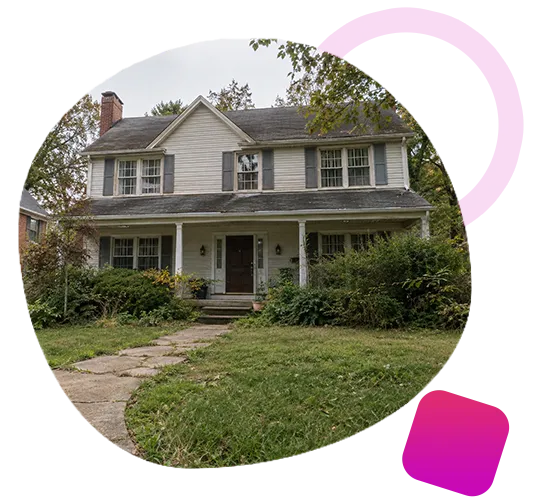 Two-story white siding house with front porch and overgrown landscaping in Prospect, KY.