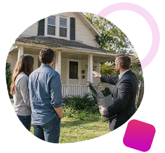 Real estate buyer speaking with a couple outside a white two-story older home in St. Matthews, KY.