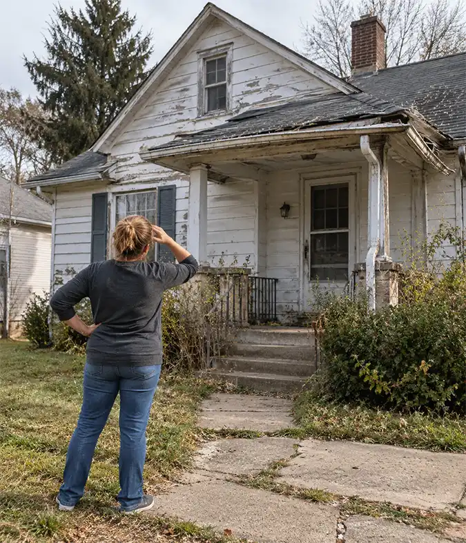 Homeowner inspecting a Louisville KY house needing repairs with worn siding, roof damage, and overgrowth