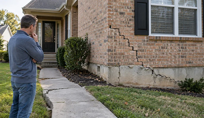 Louisville homeowner inspecting large foundation cracks in exterior brick wall before selling house