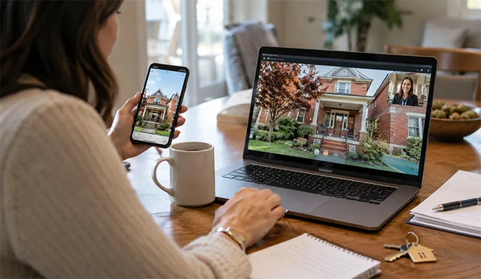 Out-of-state homeowner reviewing Louisville house remotely on laptop and phone with keys and documents