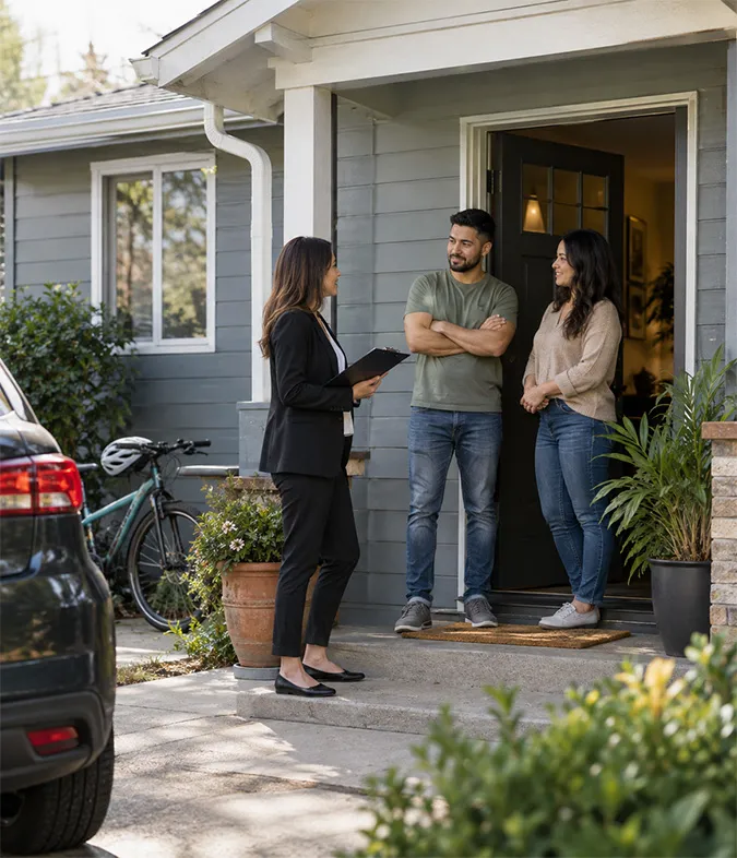 Tenants discussing sale with local buyer outside occupied Louisville KY rental property