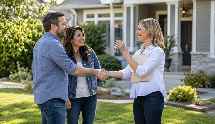 Louisville homeowners handing house keys to a buyer during a direct sale without a Realtor
