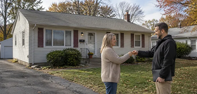 Home buyer handing keys to a woman on the driveway of a single-story white house in Albany, IN.