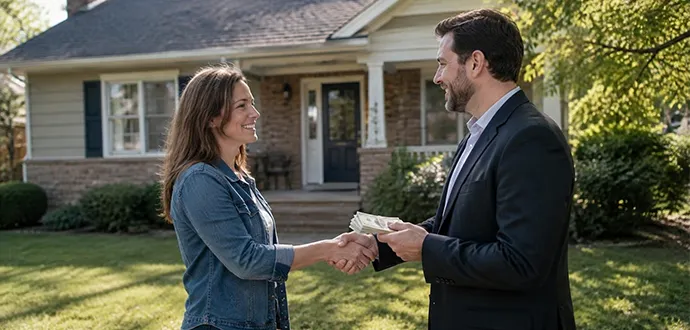 Home buyer shaking hands with a smiling homeowner and handing cash outside a Fern Creek house.