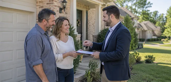 Real estate professional handing home keys and paperwork to a smiling couple in Jeffersontown, KY.