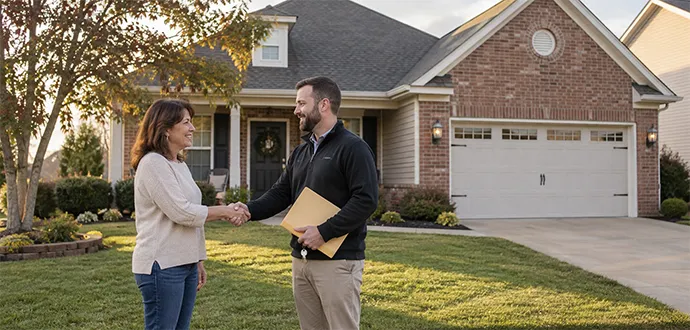 Home buyer shaking hands with a woman outside a brick suburban house in Jeffersonville, IN.