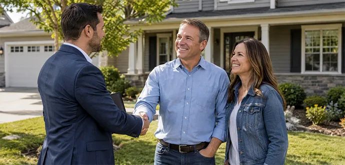 Professional home buyer shaking hands with a smiling couple on the front lawn of a La Grange, Kentucky home.