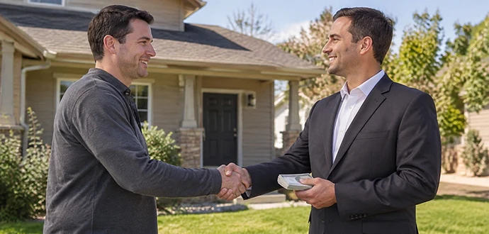 Home buyer shaking hands with a male homeowner and holding cash outside a Lyndon, Kentucky property.