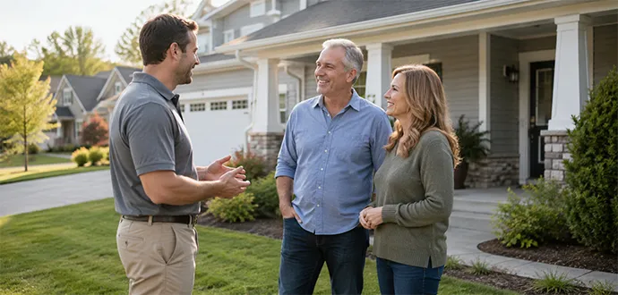 Home buyer talking with a smiling mature couple outside a Mount Washington suburban home.