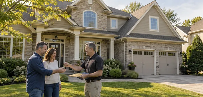 Home buyer handing keys to a smiling couple outside a stone-accented suburban house in Prospect, KY.