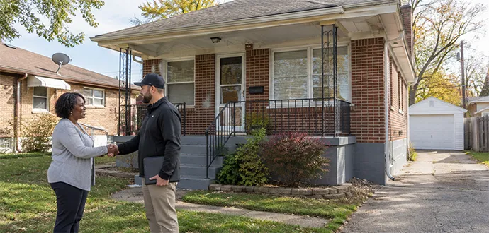 Homebuyer shaking hands with a woman on the porch steps of a brick home in Shively, KY.