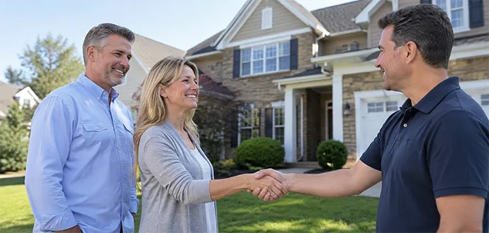Homebuyer shaking hands with a middle-aged couple in front of a suburban home in St. Matthews, KY.